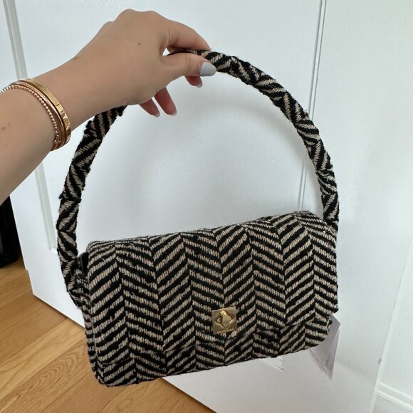 NWT Anine Bing Nico Shoulder Bag Fishbone Pattern Wool Blend Tweed Gold Lock - Picture 5 of 12